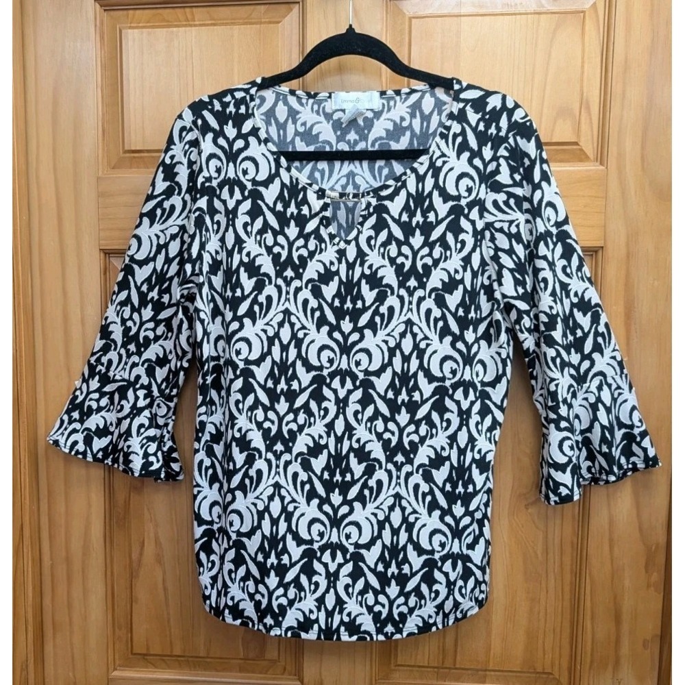 Emma & Olive Women's Large 3/4 Bell Sleeves Buckle on Neckline Top Shirt